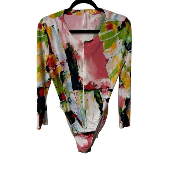 NORMA KAMALI RASHGUARD BODYSUIT WATERMELON SPLASH SIZE L ARTSY COLORFUL ZIP - Picture 2 of 8